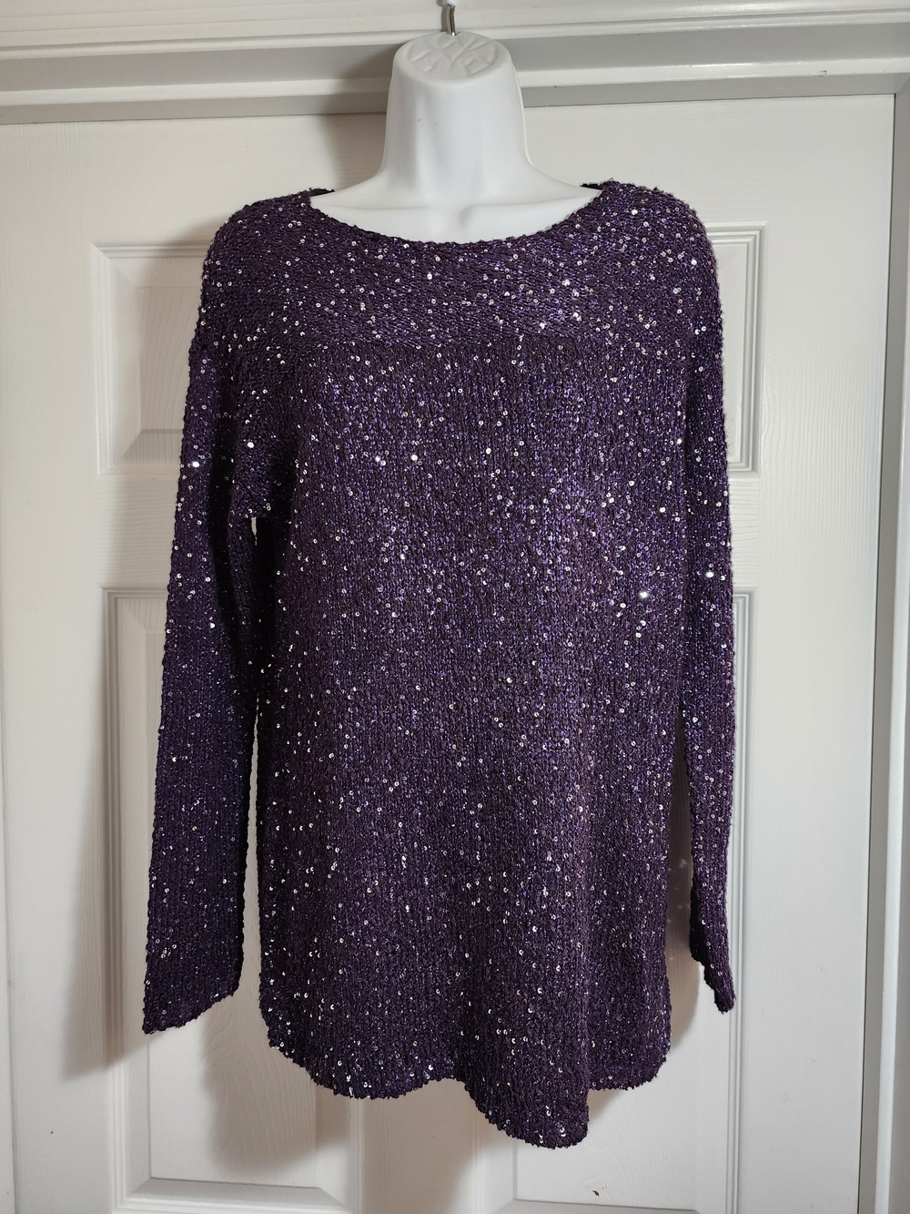 Chico's Sequined-Textured Purple Long-Sleeve Pullover Sweater Size 1 (Medium 8)